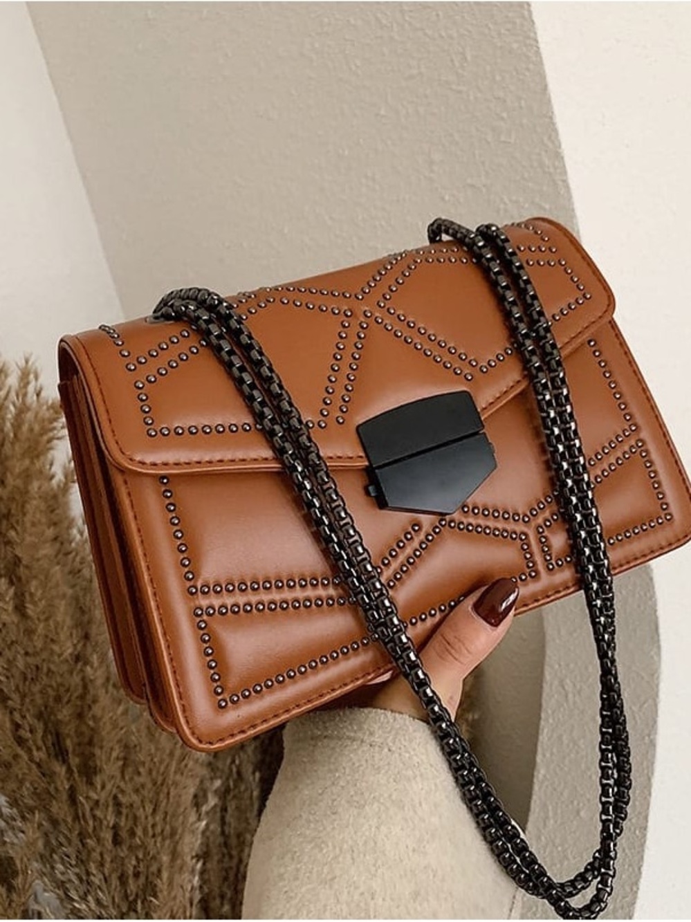 No Boundaries Tan Studded Shoulder Bag with Black Chain